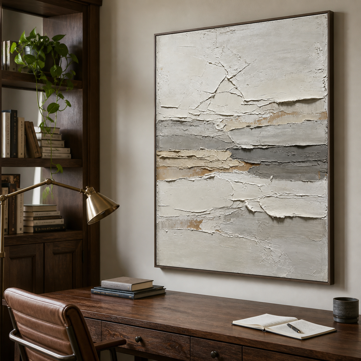 Vertical neutral textured wall art with layered white, beige and gray abstract bands displayed above a modern bedroom.