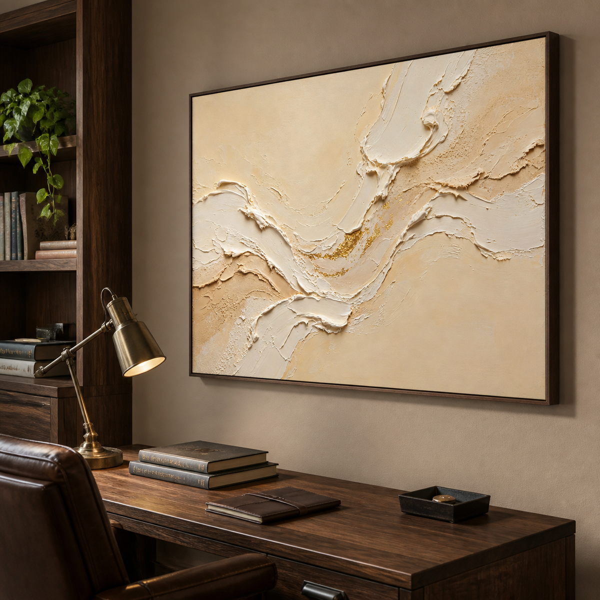 Wide neutral textured wall art with layered ivory and beige wave forms and gold accents displayed above a living room sofa.