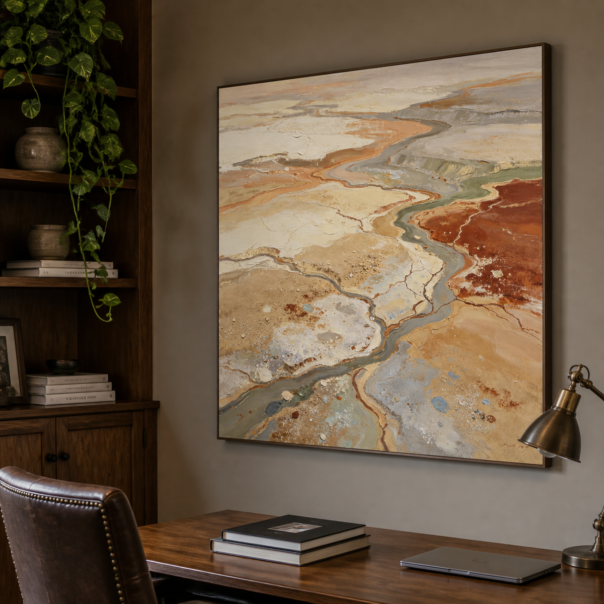 Square neutral textured wall art with winding abstract river channels in beige, terracotta, gray and sage displayed above a dining table.