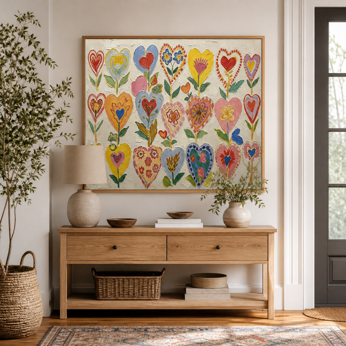 Colorful heart flower wall art with whimsical red, blue, yellow and pink blossoms displayed above a neutral sofa.