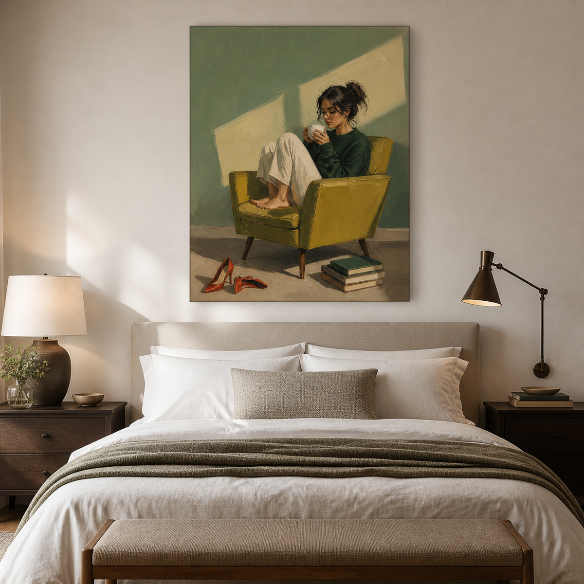 Woman drinking coffee wall art featuring a barefoot figure in glasses curled up in a mustard yellow chair beside red heels and stacked books.