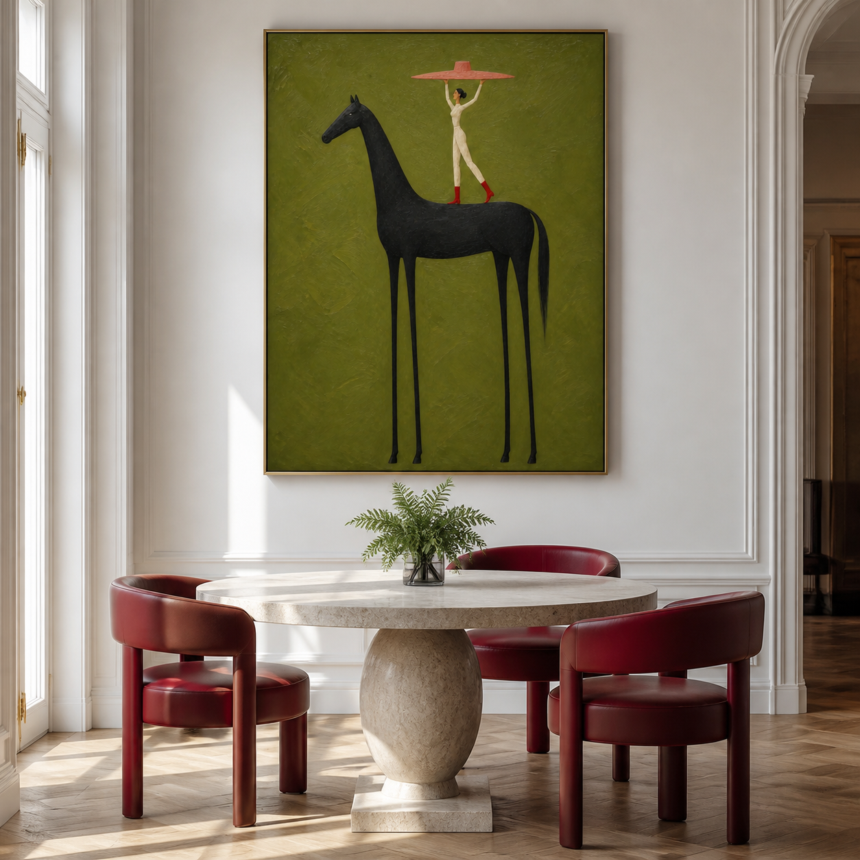 Vintage Americana circus wall art featuring an acrobat standing on a tall black horse and holding an oversized pink hat against an olive green background.