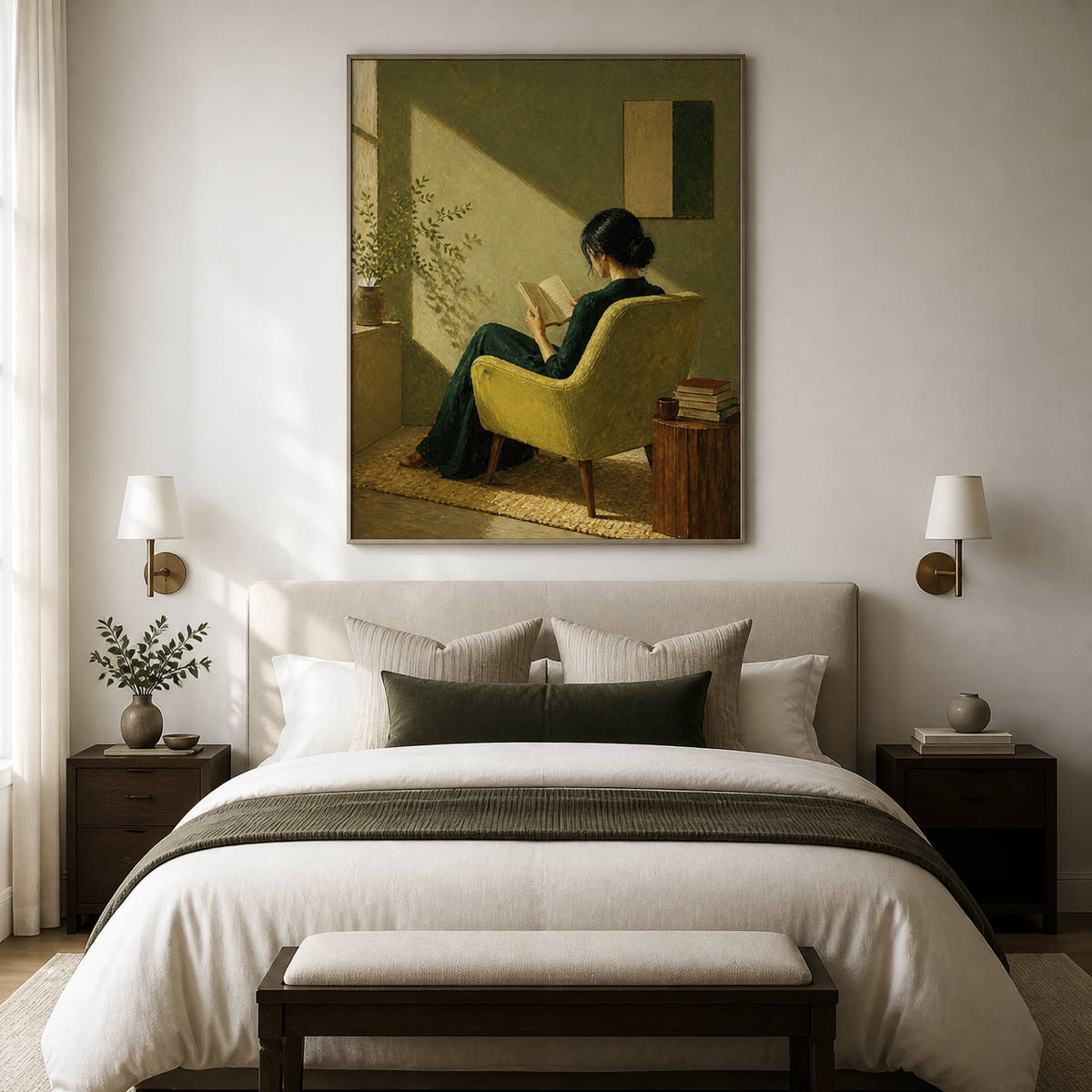 Woman reading wall art showing the back view of a reader in a dark green dress seated in a chartreuse chair with books nearby.
