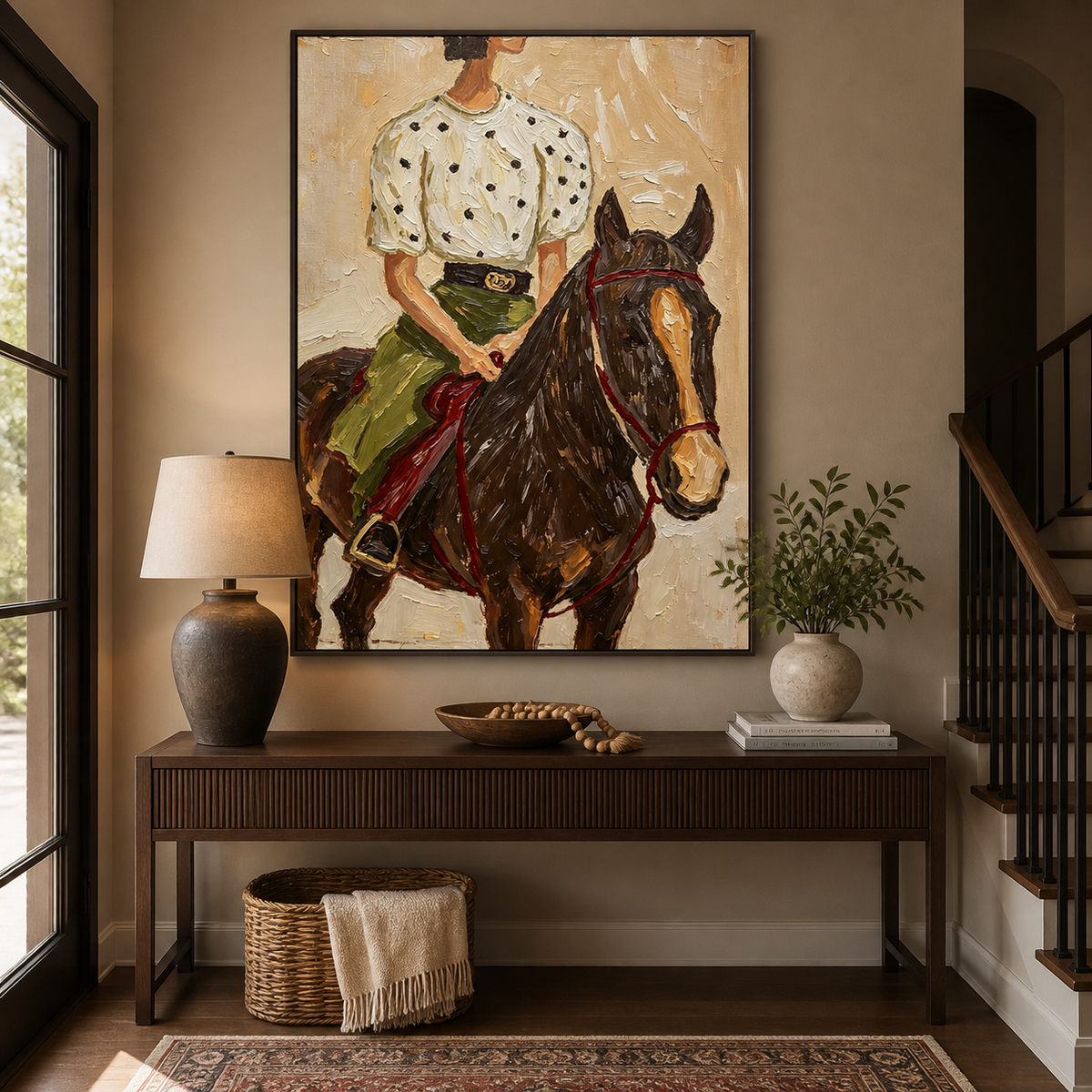 Cowgirl horse wall art with a woman riding a dark brown horse displayed above a neutral sofa.