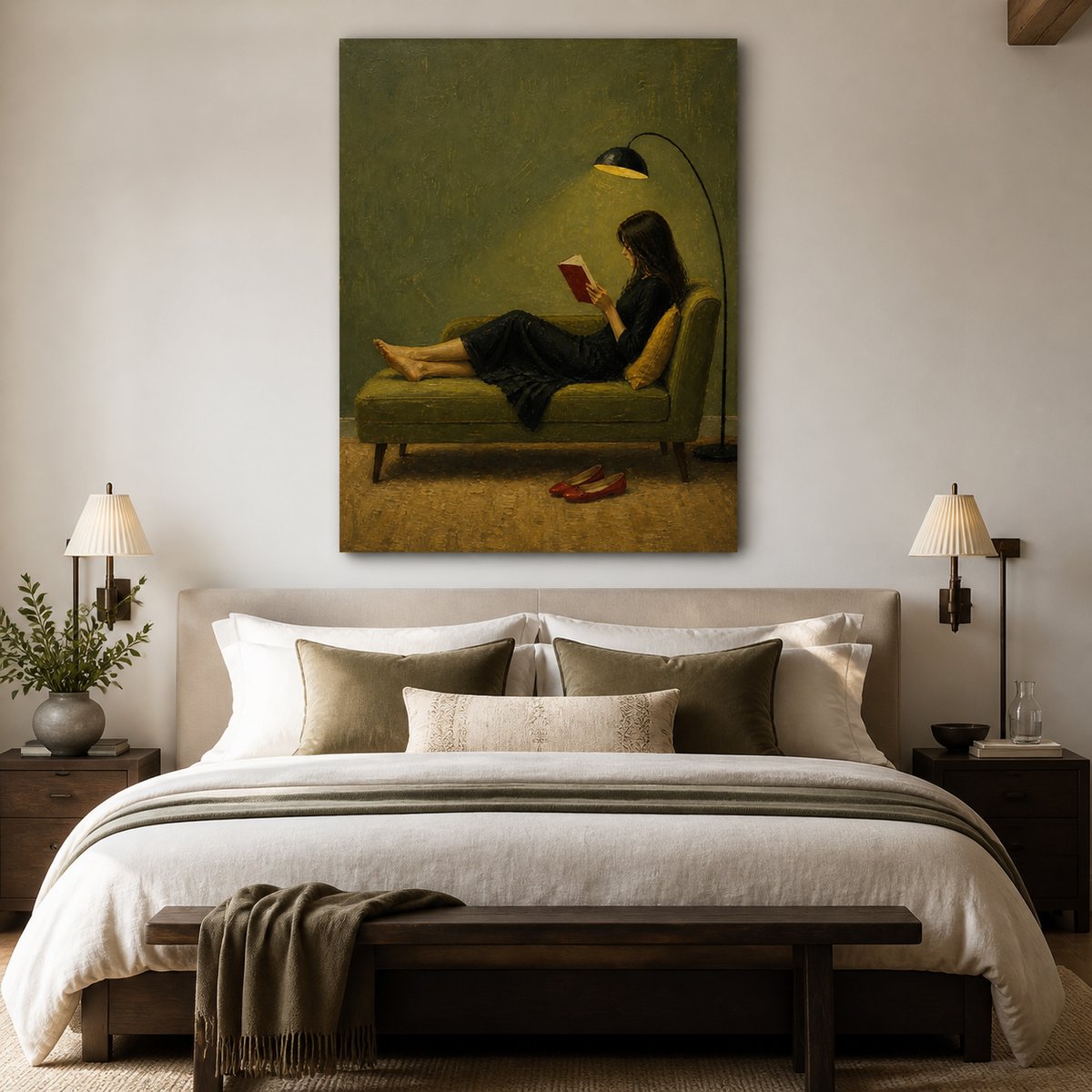 Woman reading wall art featuring a barefoot reader in a black dress reclining on an olive green chaise with a red book.