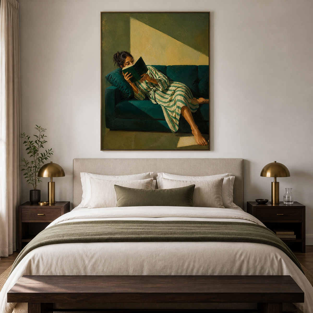 Woman reading wall art featuring a barefoot reader in a striped robe reclining on a deep teal sofa with a dark green book.
