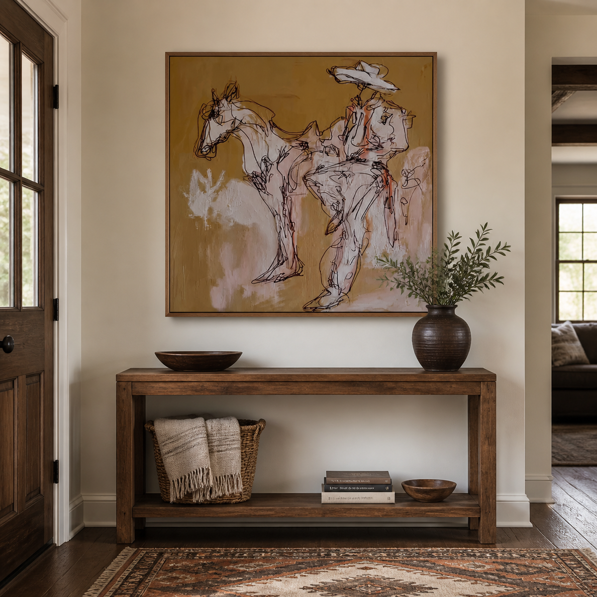 Cowboy Riding Horse Wall Art – Neutral Sketch Style Western Artwork