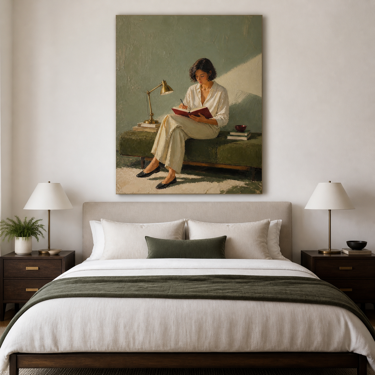 Woman writing wall art featuring a figure in white clothing journaling in a burgundy notebook beside books and a brass desk lamp.