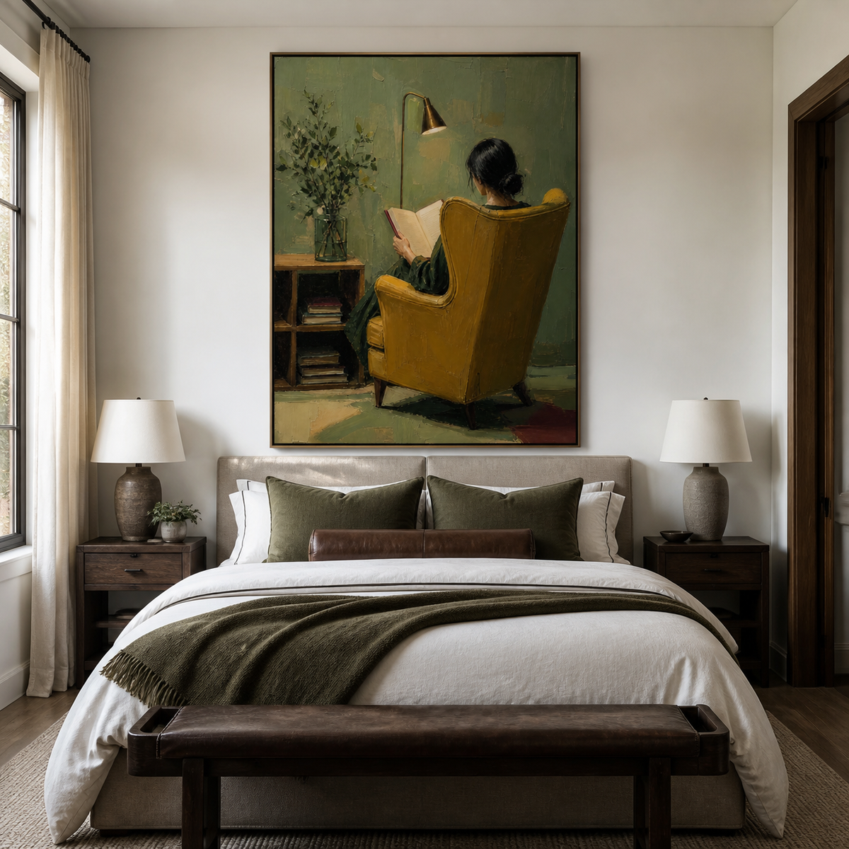 Woman reading wall art showing the back view of a reader in a mustard yellow chair beneath a brass lamp against an olive green wall.
