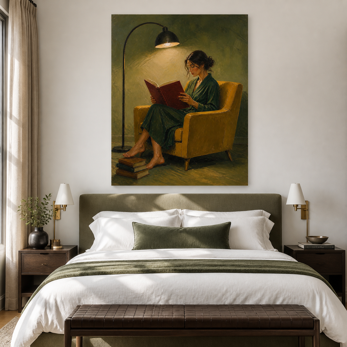 Woman reading wall art featuring a reader in a green dress seated in a mustard yellow armchair beneath a curved floor lamp.