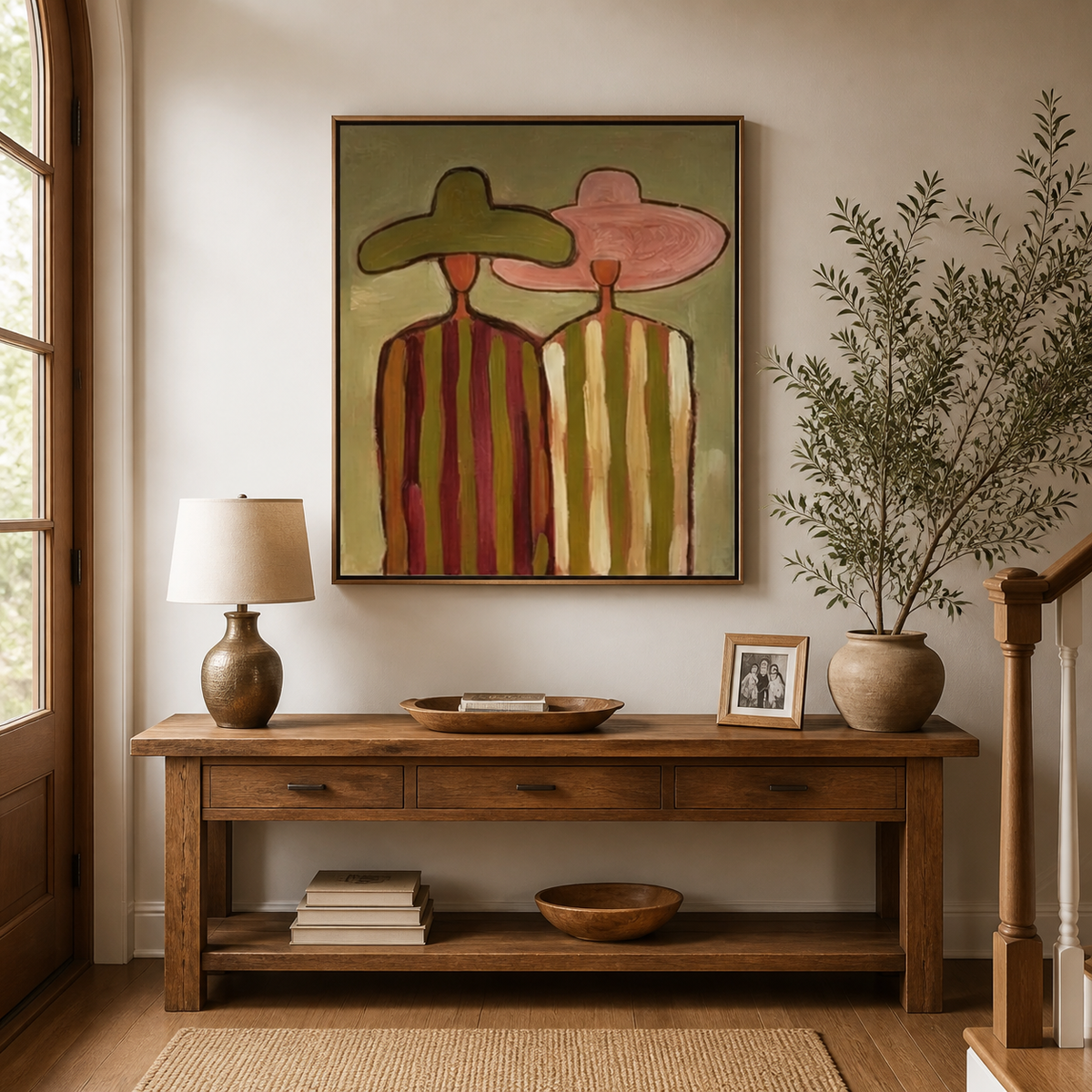 Western wall art of two cowboys in olive and pink hats with striped clothing displayed above a neutral living room sofa.