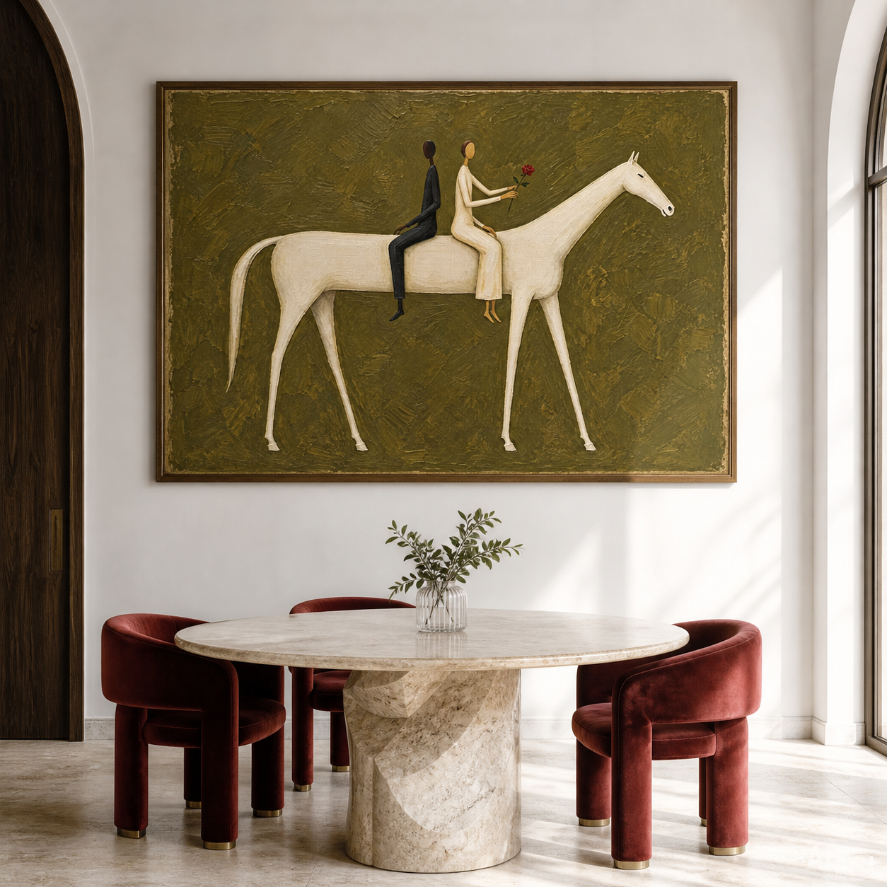 Vintage Americana couple horse art featuring two riders seated back to back on a white horse, with one holding a red rose against an olive green background.