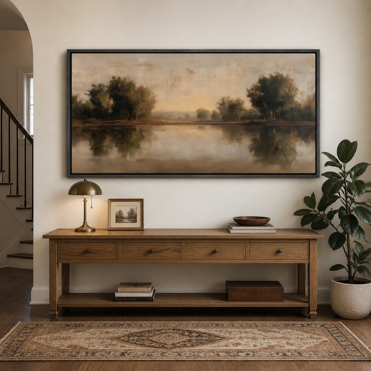 Panoramic neutral lake landscape wall art with reflected trees and a warm amber sky displayed above an entryway console.