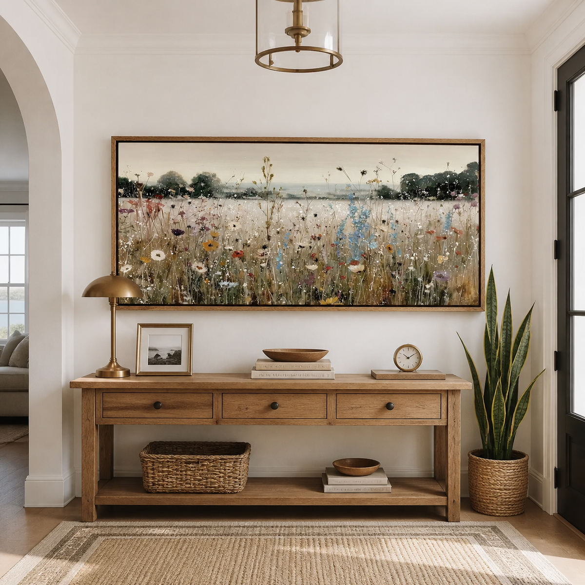 Panoramic wildflower meadow wall art with white, blue and coral flowers displayed above a neutral living room sofa.