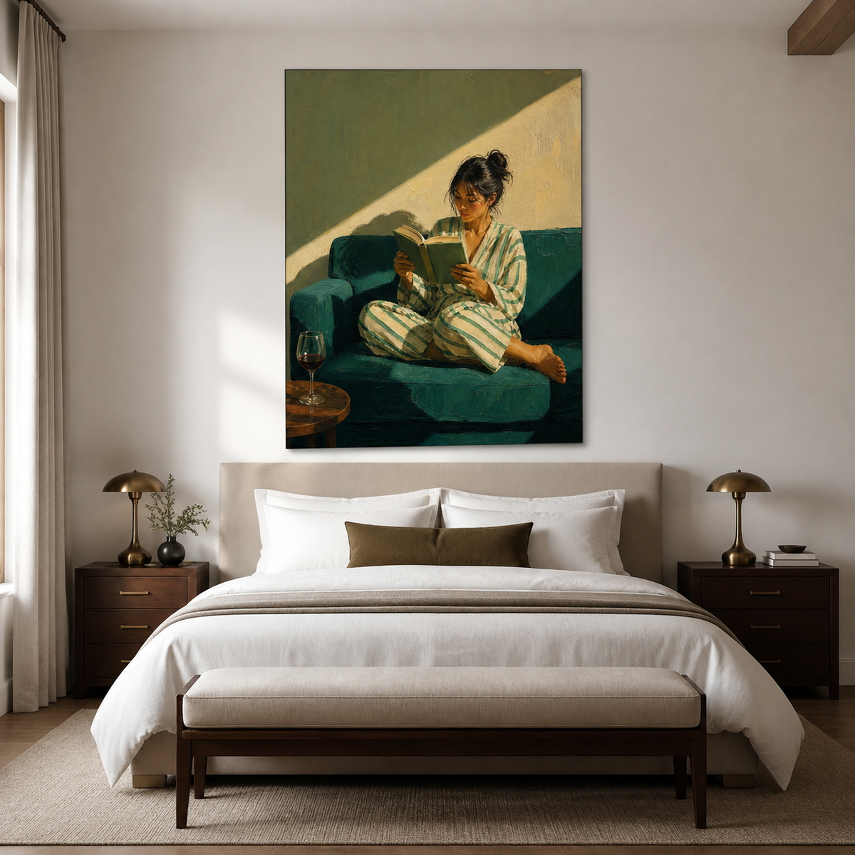 Woman reading wall art featuring a reader in striped pajamas sitting on a dark teal sofa with an open book and a glass of red wine.