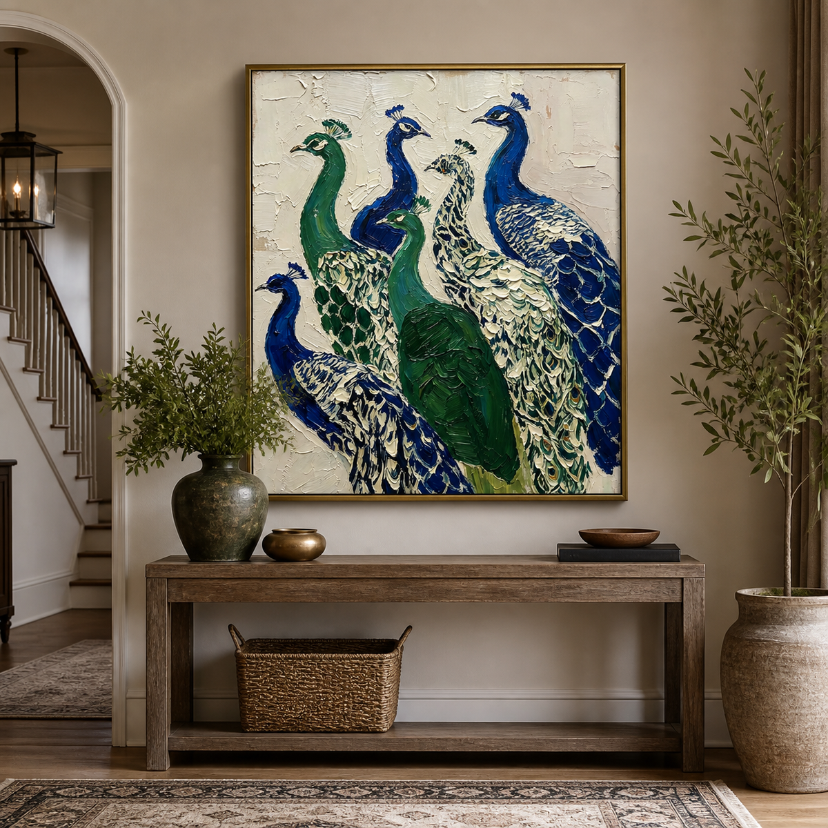 Blue and green peacock wall art with five layered birds displayed above a neutral living room sofa.
