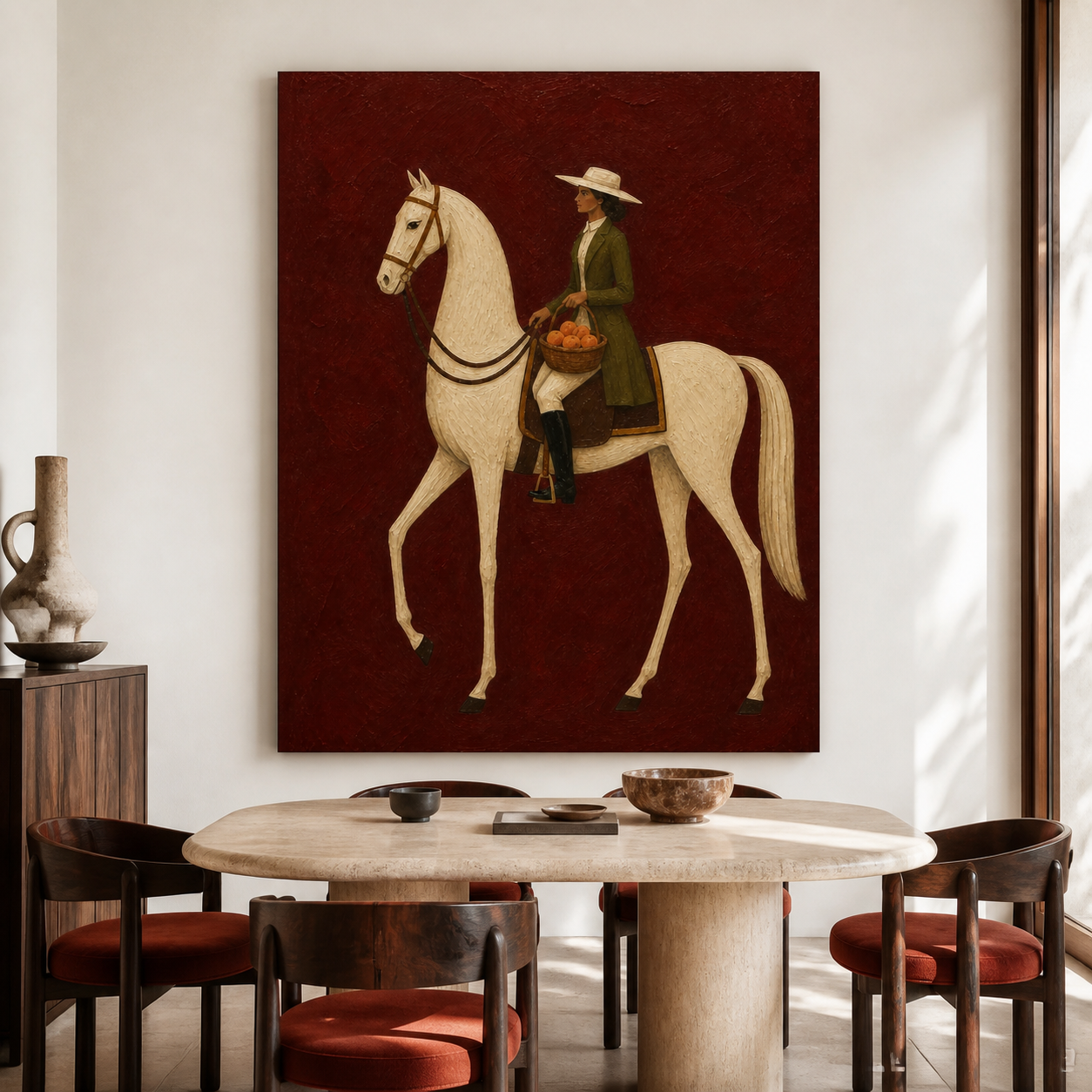 Vintage Americana equestrian art featuring a woman in a green coat riding a white horse and carrying a basket of oranges against a burgundy background.