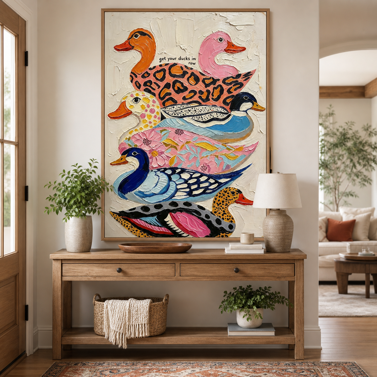 Colorful duck wall art with four patterned birds stacked vertically displayed above a neutral sofa.