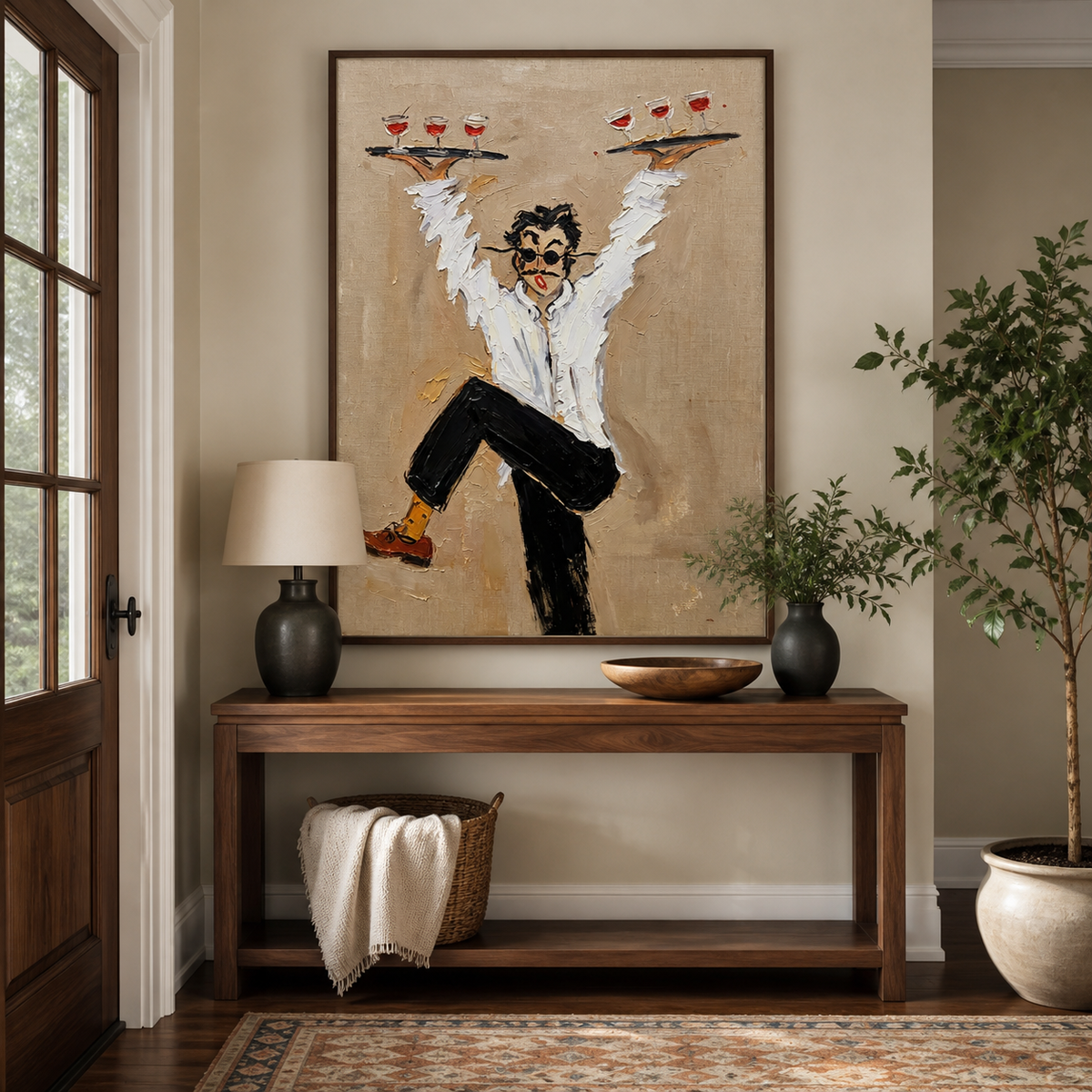 Funny waiter wall art showing a server balancing two trays of wine glasses displayed above a brown leather sofa.
