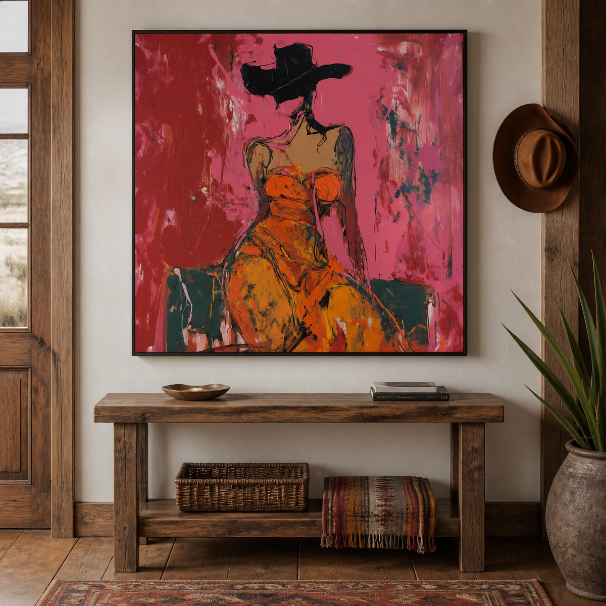 Square cowgirl wall art with a seated woman in a black Western hat and orange dress displayed above an entryway console.