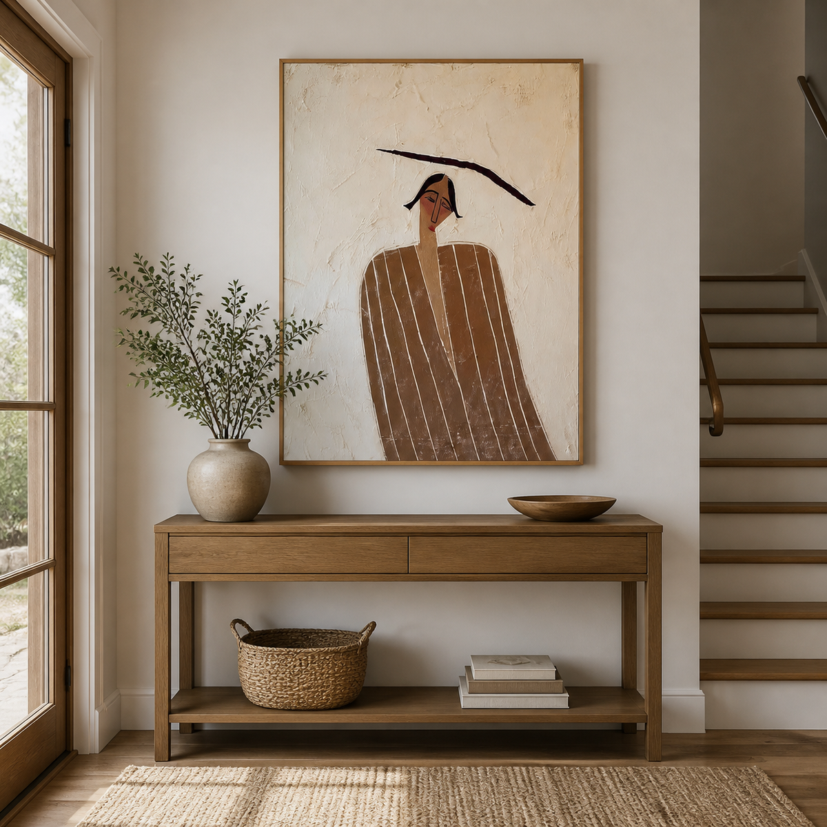 Minimalist man portrait wall art with a brown striped garment and long black hat above a wooden entryway console.