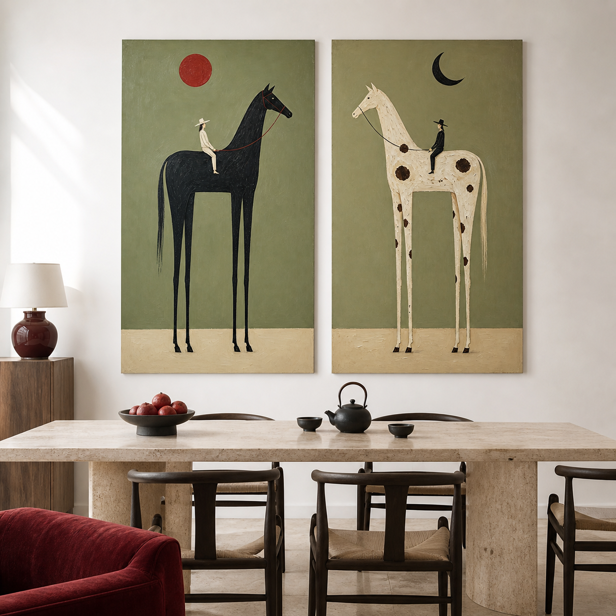 Vintage Americana horse wall art set of two featuring riders on black and white horses beneath a red sun and black crescent moon.