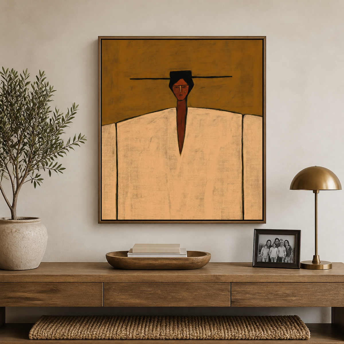 Western cowboy portrait with a long black hat and ivory garment displayed above a neutral living room sofa.