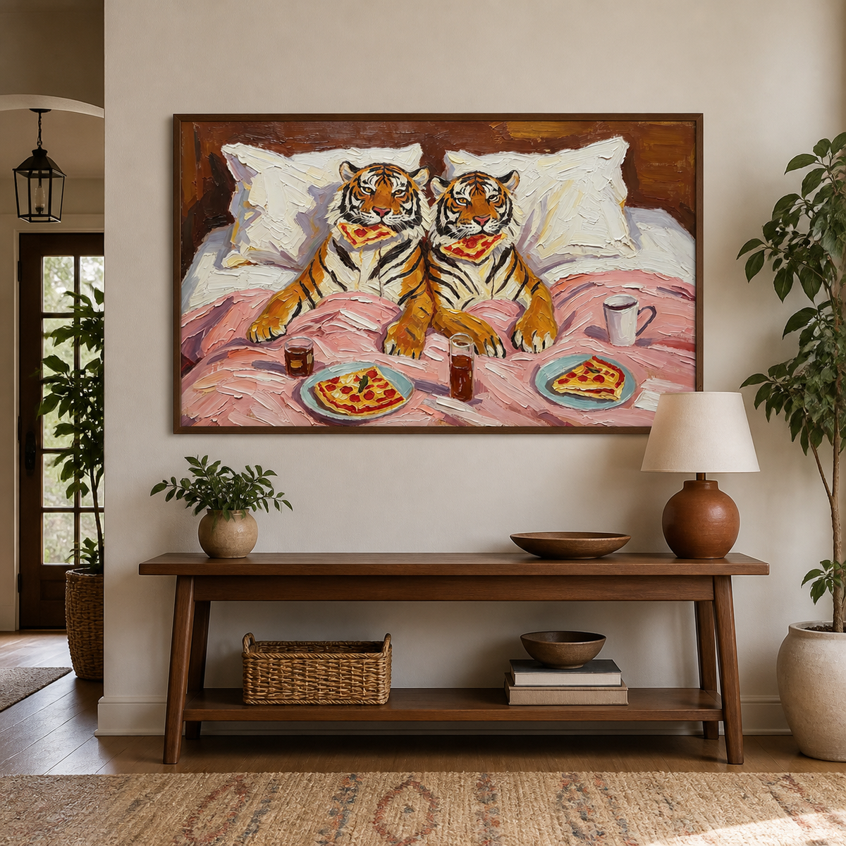 Funny tiger wall art showing two tigers in bed with pizza and drinks displayed above a neutral sofa.