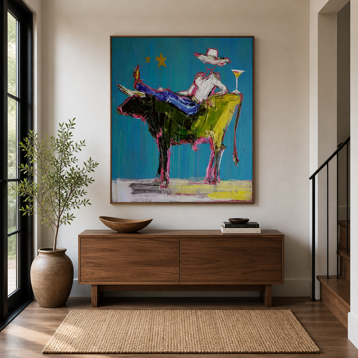 Colorful cowboy rodeo wall art with a rider on a turquoise and magenta bull displayed above an entryway console.