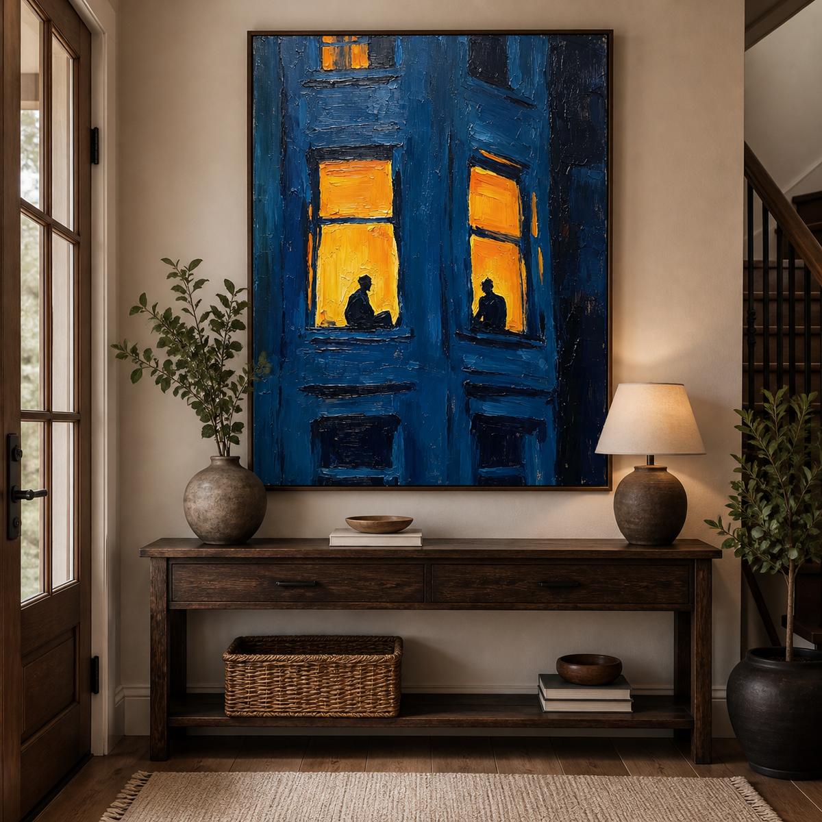 Moody blue window wall art with two silhouetted people in glowing yellow windows displayed above a sofa.