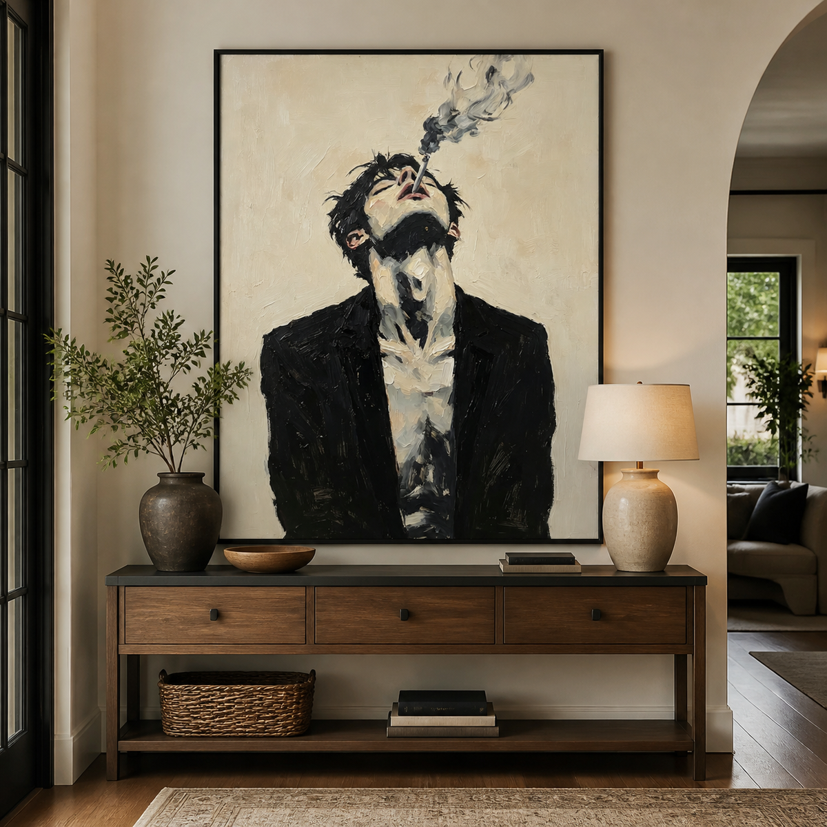 Moody man portrait wall art showing a dark-suited figure exhaling smoke displayed above a neutral sofa.
