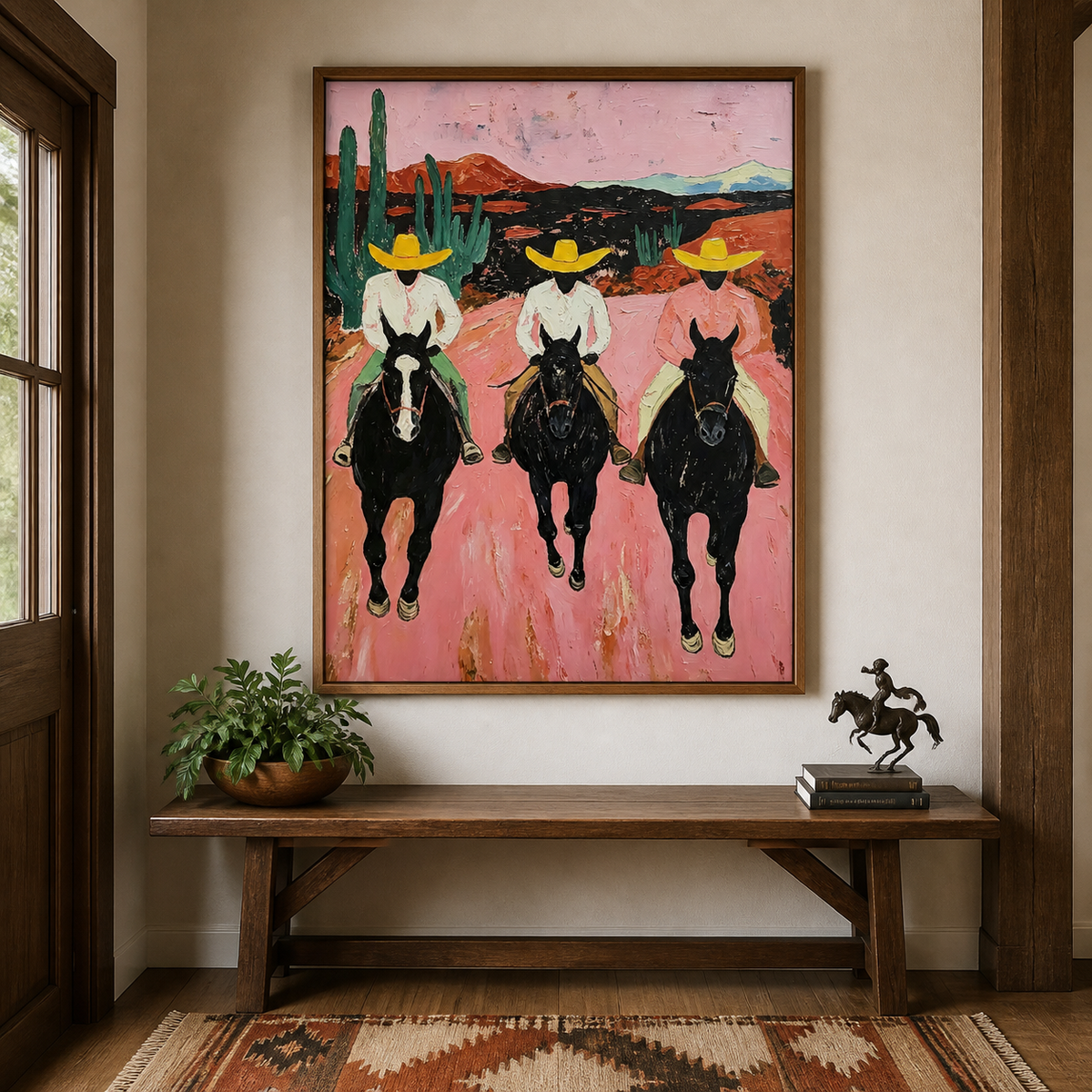Three cowboys in yellow hats riding black horses through a pink desert on vertical wall art