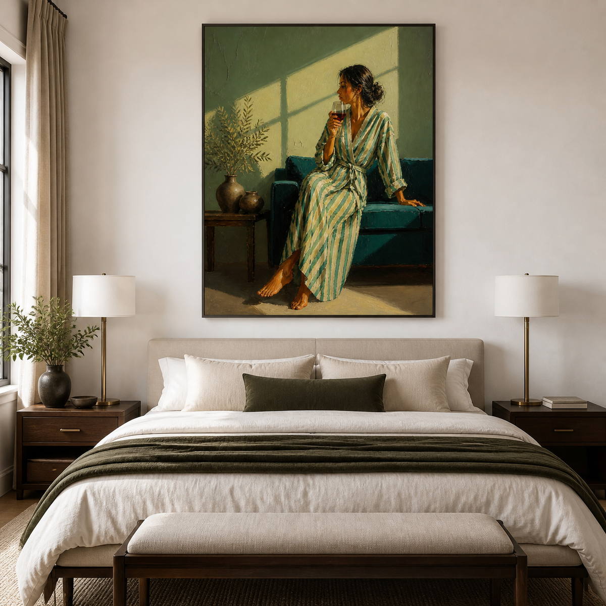 Woman drinking wine wall art featuring a barefoot figure in a striped robe seated on a teal sofa in warm window light.