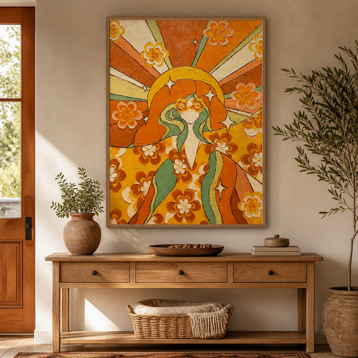 Retro woman wall art with orange sunburst rays, cream flowers and flowing green hair displayed above a curved sofa.