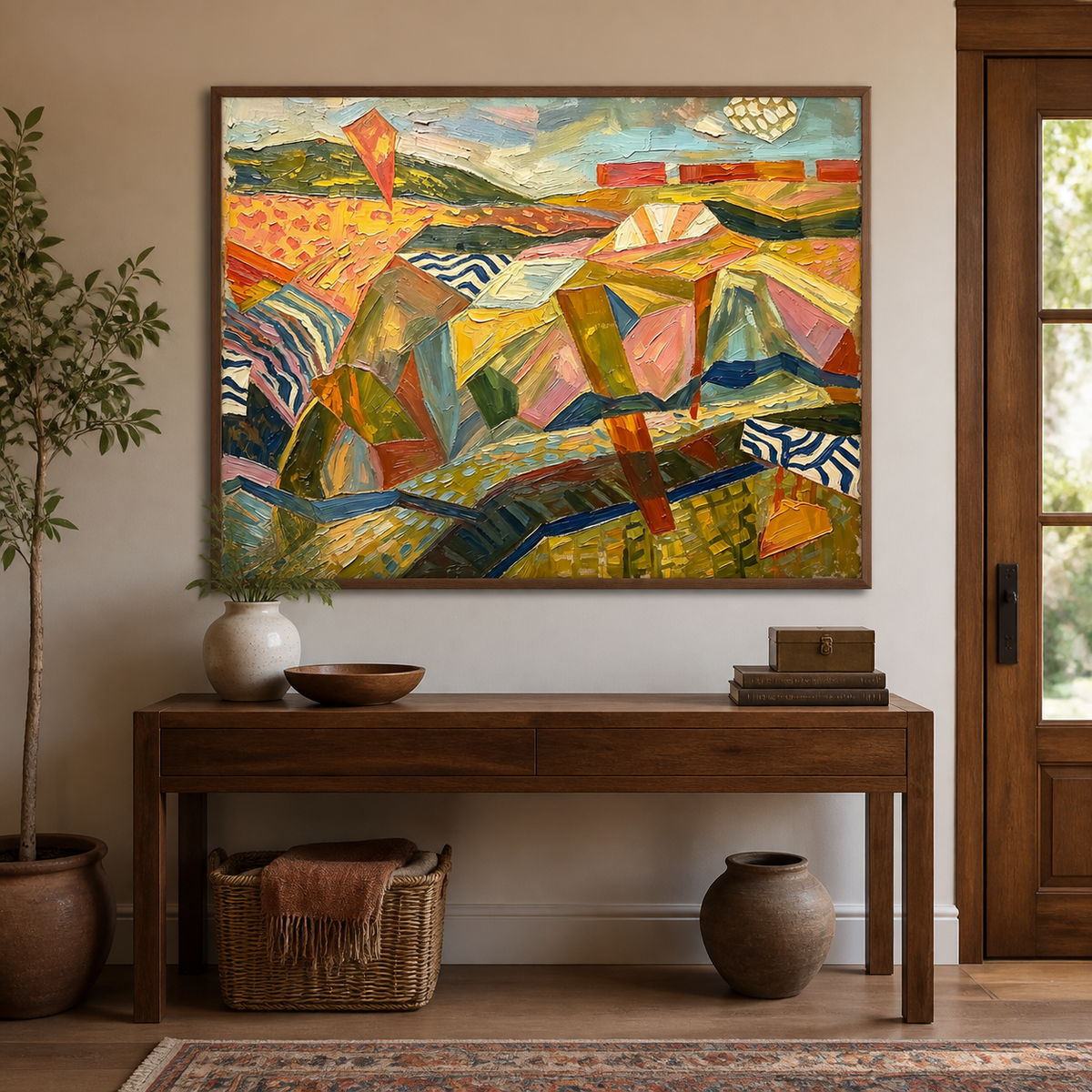 Colorful geometric mountain landscape wall art displayed above a neutral living room sofa.