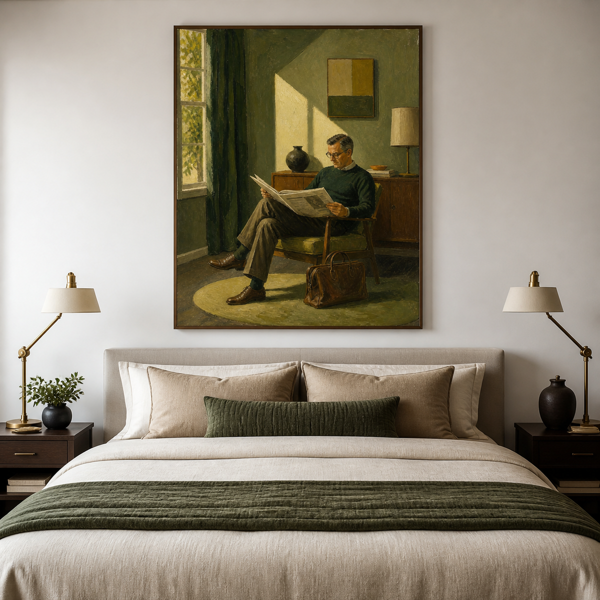 Man reading wall art featuring a bespectacled gentleman reading a newspaper in an armchair beside a brown leather briefcase.