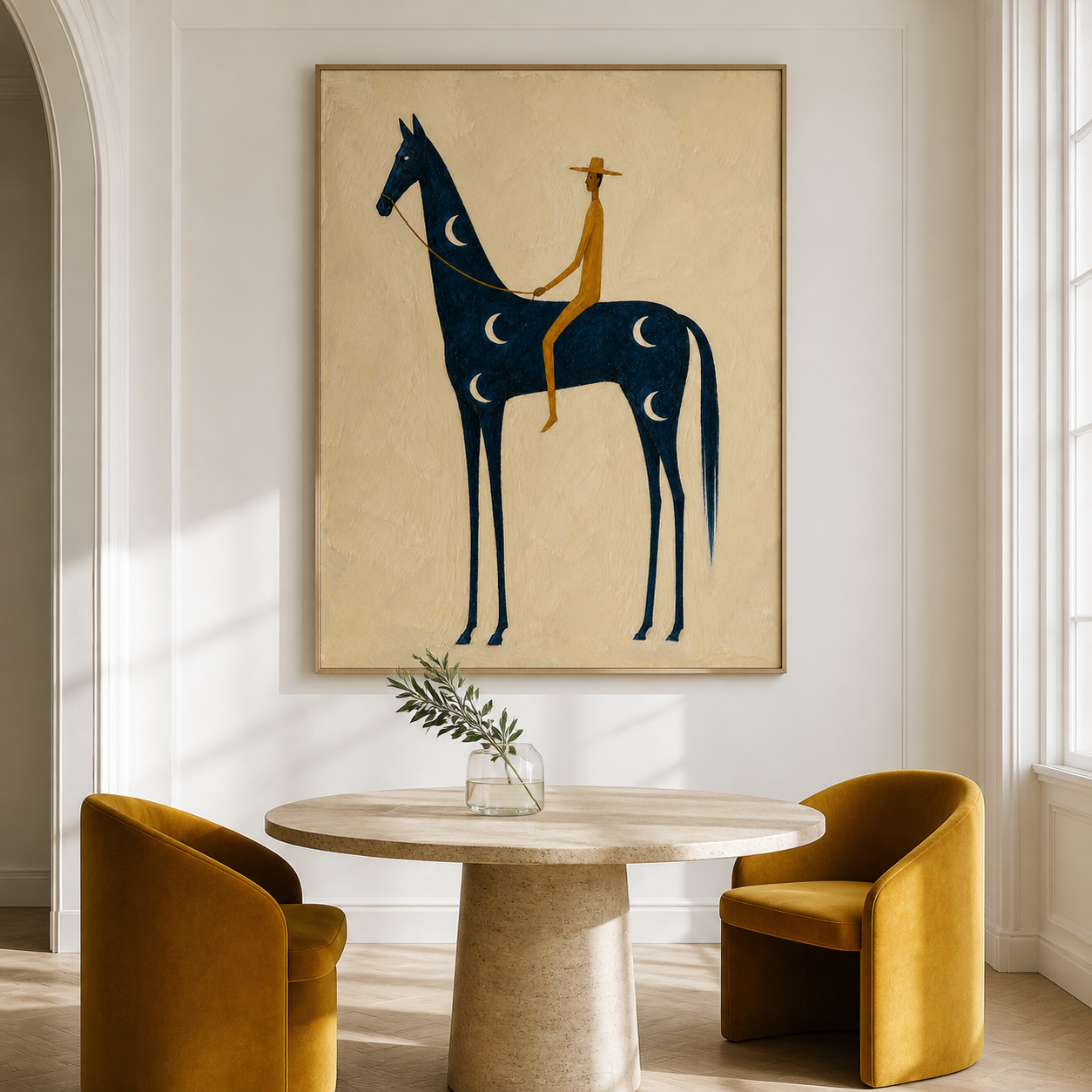 Vintage Americana cowboy wall art featuring a golden rider on a blue horse decorated with crescent moons against a textured cream background.