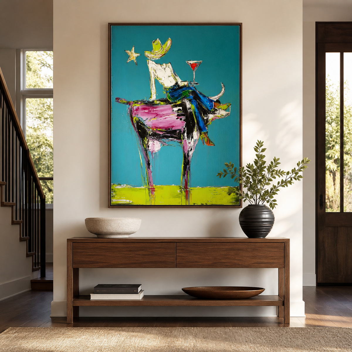 Colorful cowboy riding bull wall art on a turquoise background displayed above a wooden entryway console.