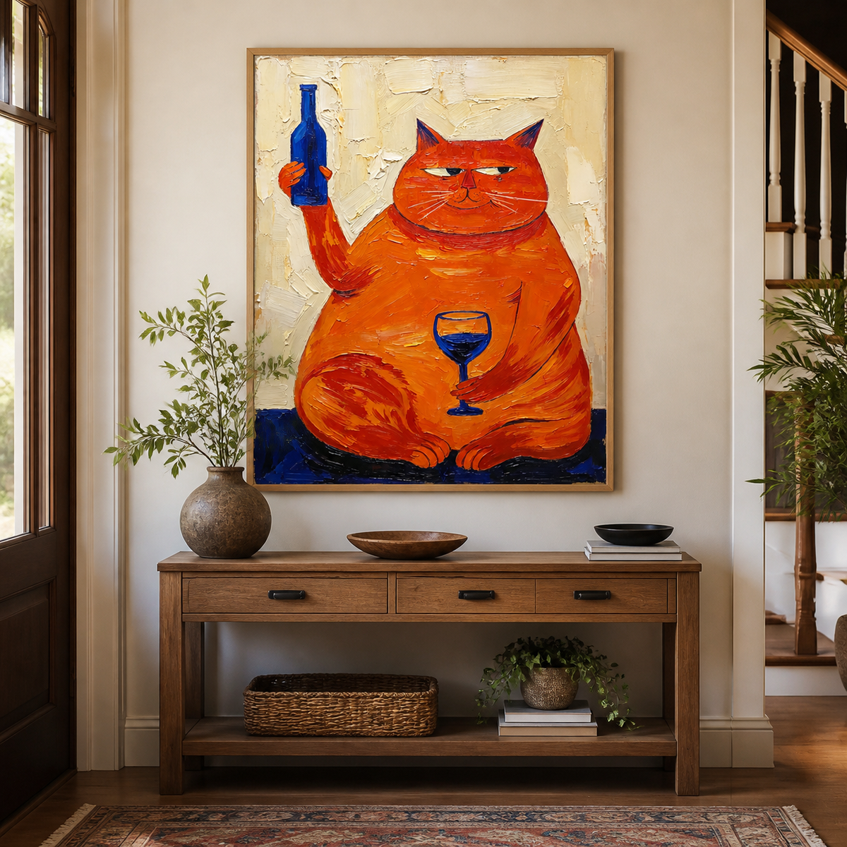 Funny orange cat wall art showing a plump cat holding a blue bottle beside a wine glass above a sofa.