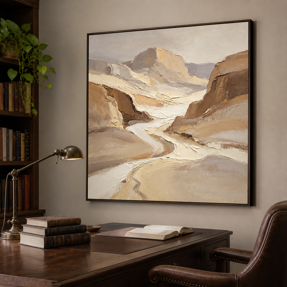 Square neutral canyon wall art with a winding ivory path, layered desert mountains and textured beige and brown tones.