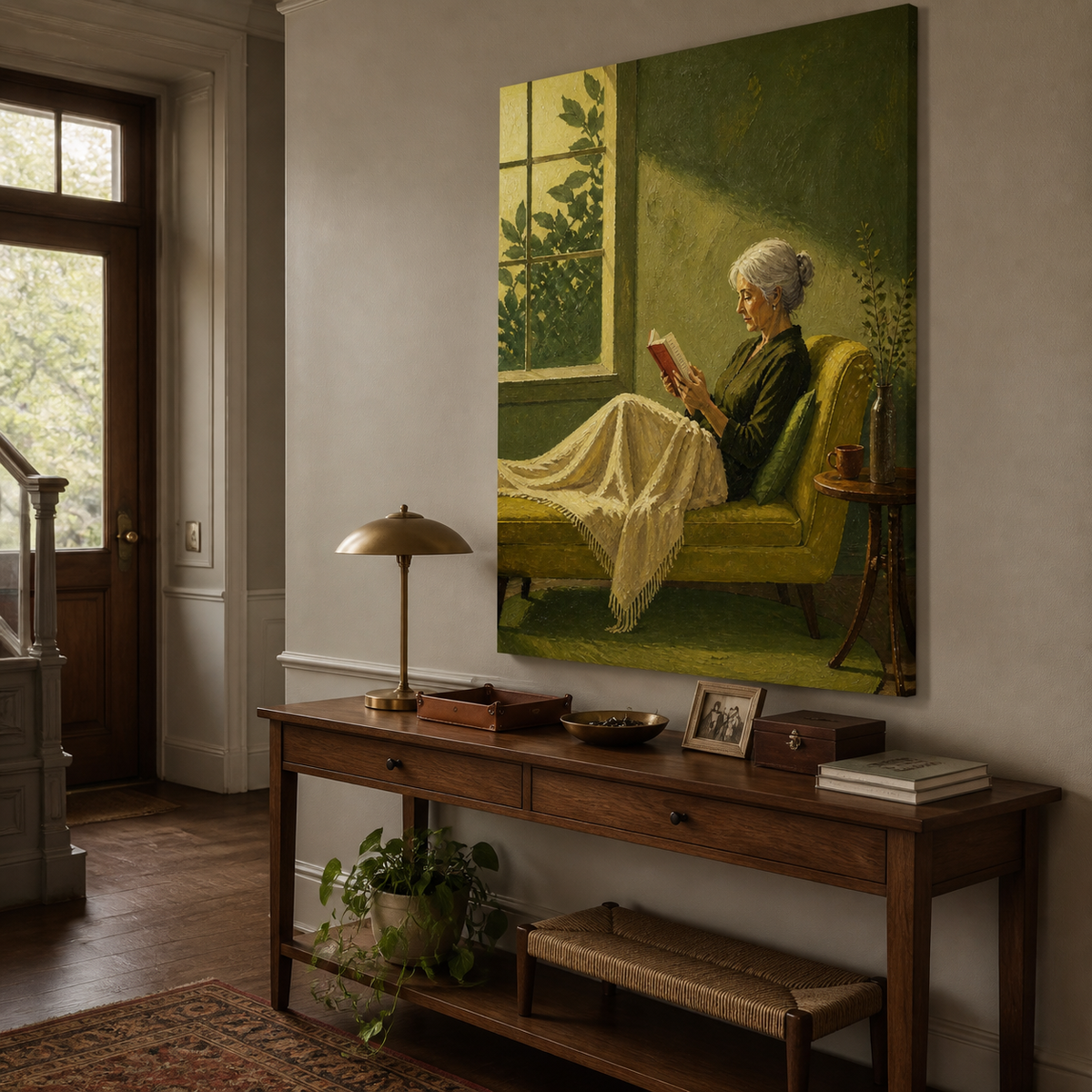 Elderly woman reading wall art featuring a silver-haired reader with a red book resting on an olive green chaise beside a sunlit window.