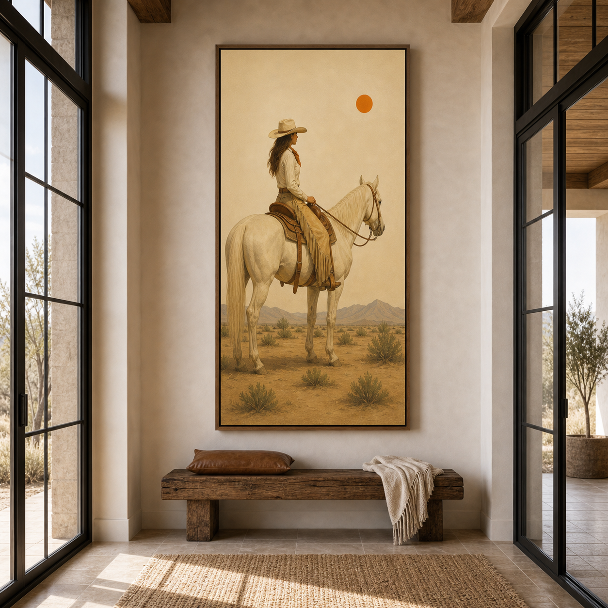 Beyond the Horizon | Hand-Painted Cowgirl on Horse Wall Art | Minimalist Western Oil Painting