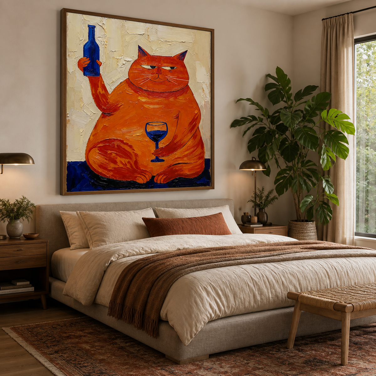 Funny orange cat wall art showing a plump cat holding a blue bottle beside a wine glass above a sofa.