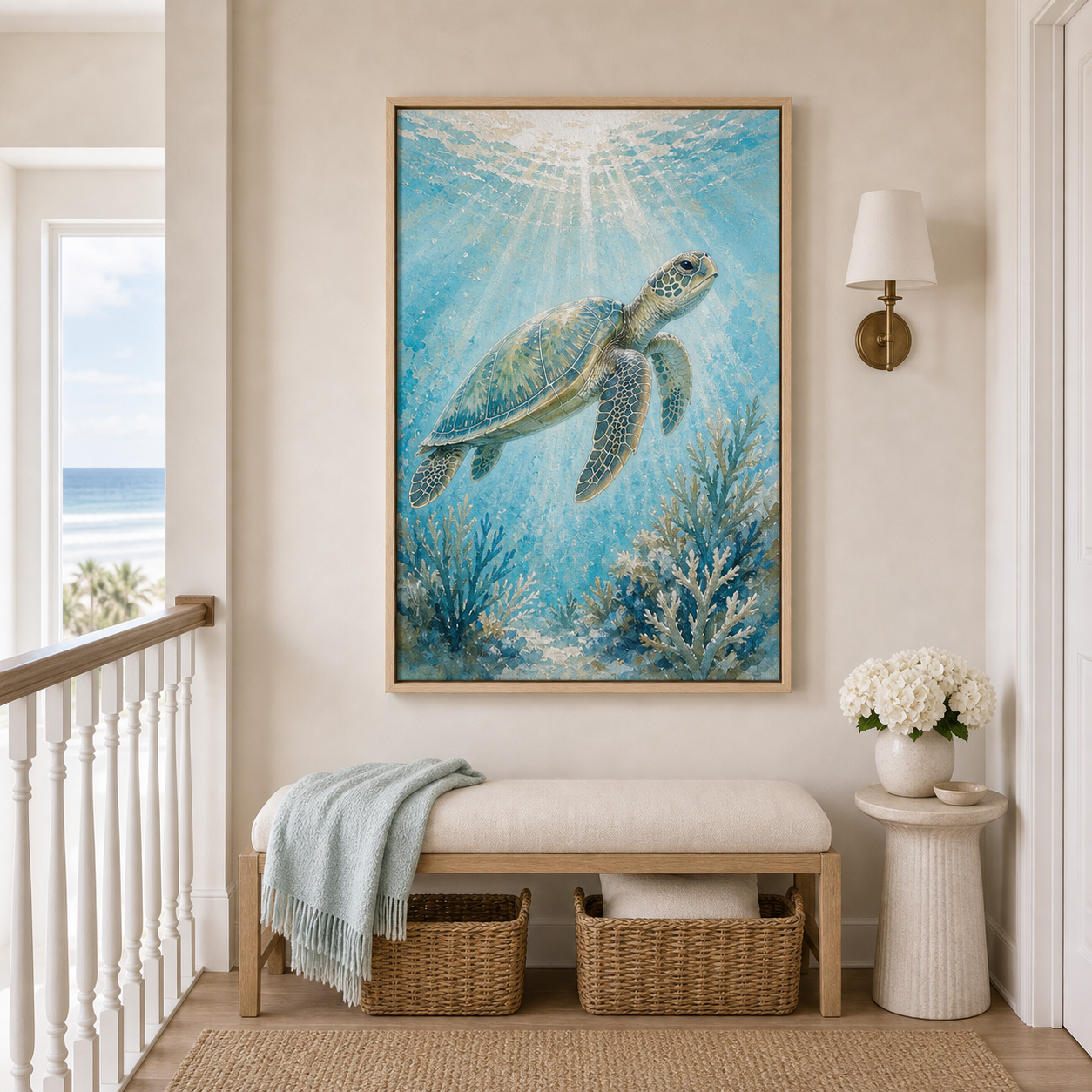Hand-Textured Sea Turtle Underwater Wall Art