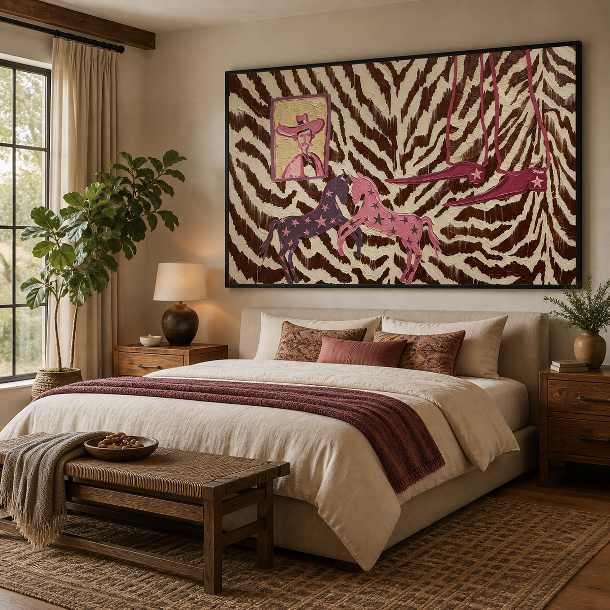 Panoramic pink horse wall art with two running horses on a brown zebra-print background displayed above a leather sofa.