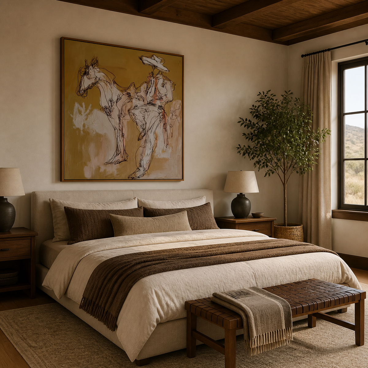 Cowboy Riding Horse Wall Art – Neutral Sketch Style Western Artwork