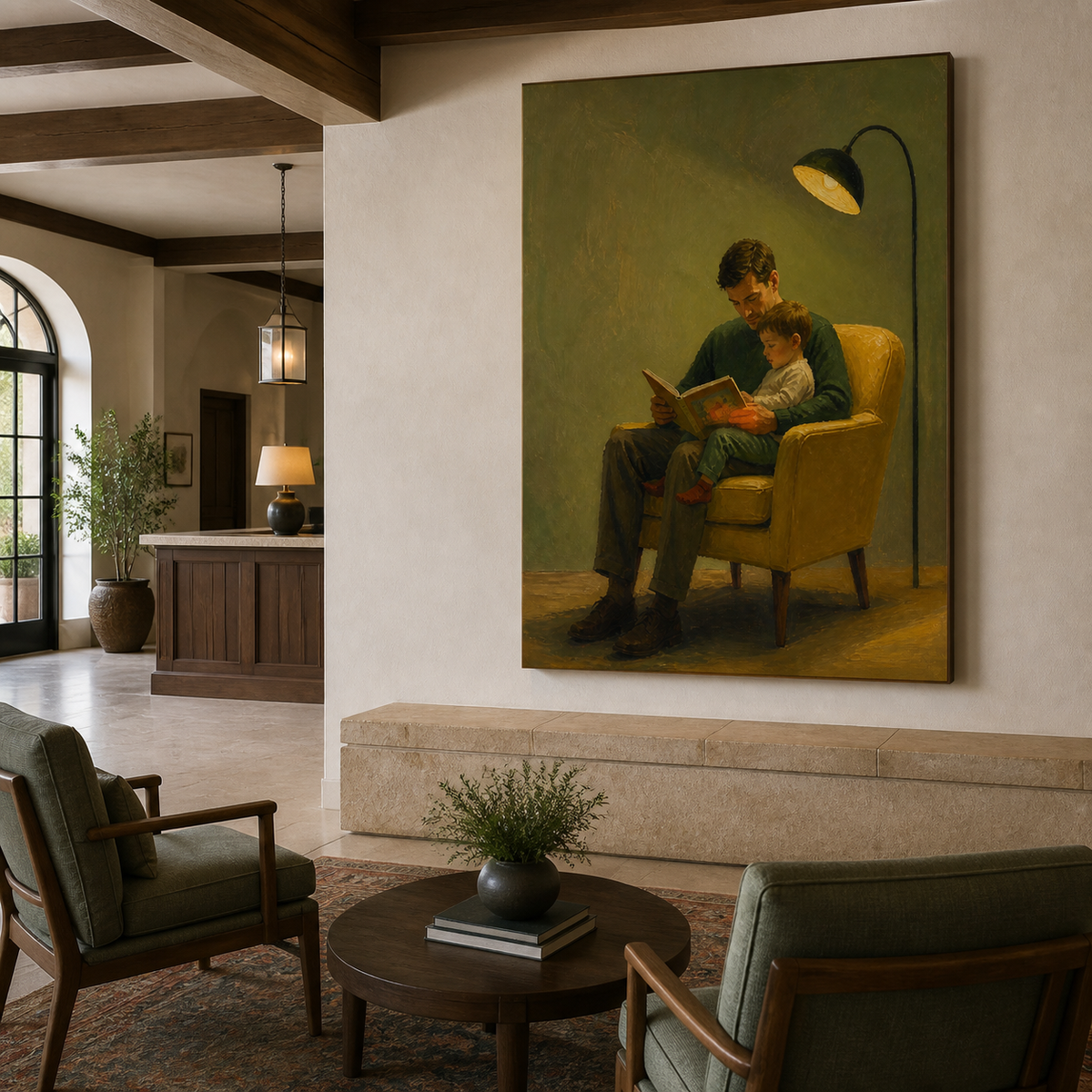 Father and son reading wall art featuring a parent sharing an illustrated storybook with a child in a mustard yellow armchair.