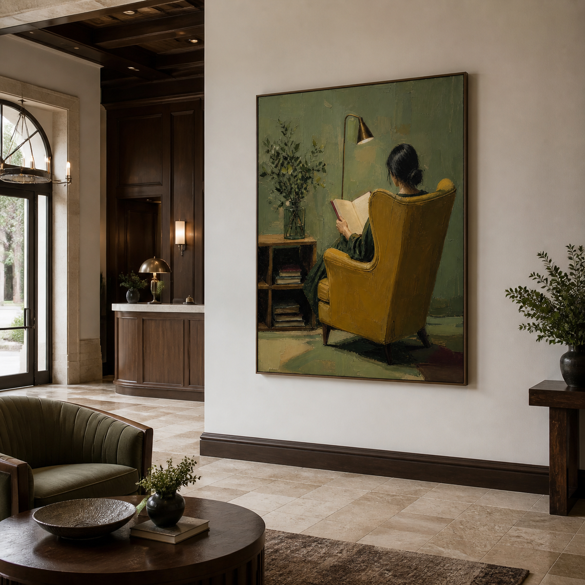 Woman reading wall art showing the back view of a reader in a mustard yellow chair beneath a brass lamp against an olive green wall.