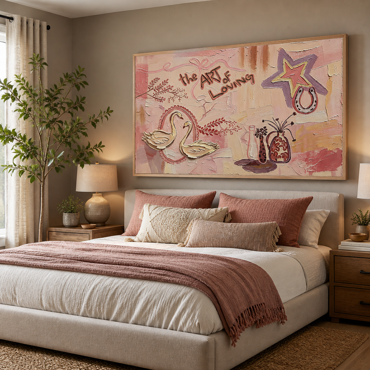 Pink swan wall art with two birds, stars and The Art of Loving lettering displayed above a neutral sofa.