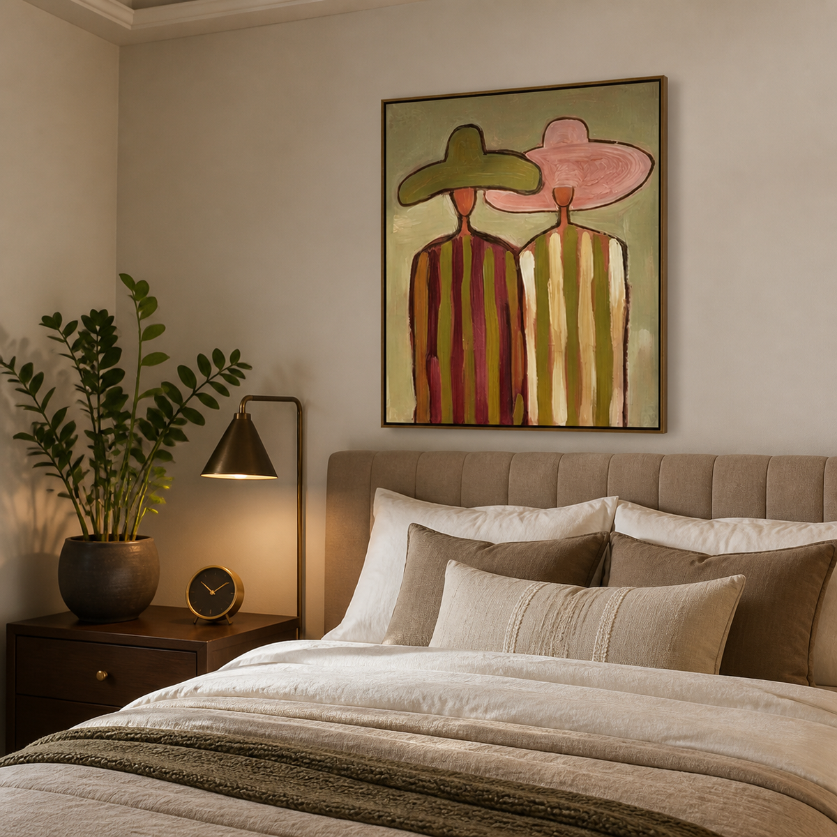 Western wall art of two cowboys in olive and pink hats with striped clothing displayed above a neutral living room sofa.
